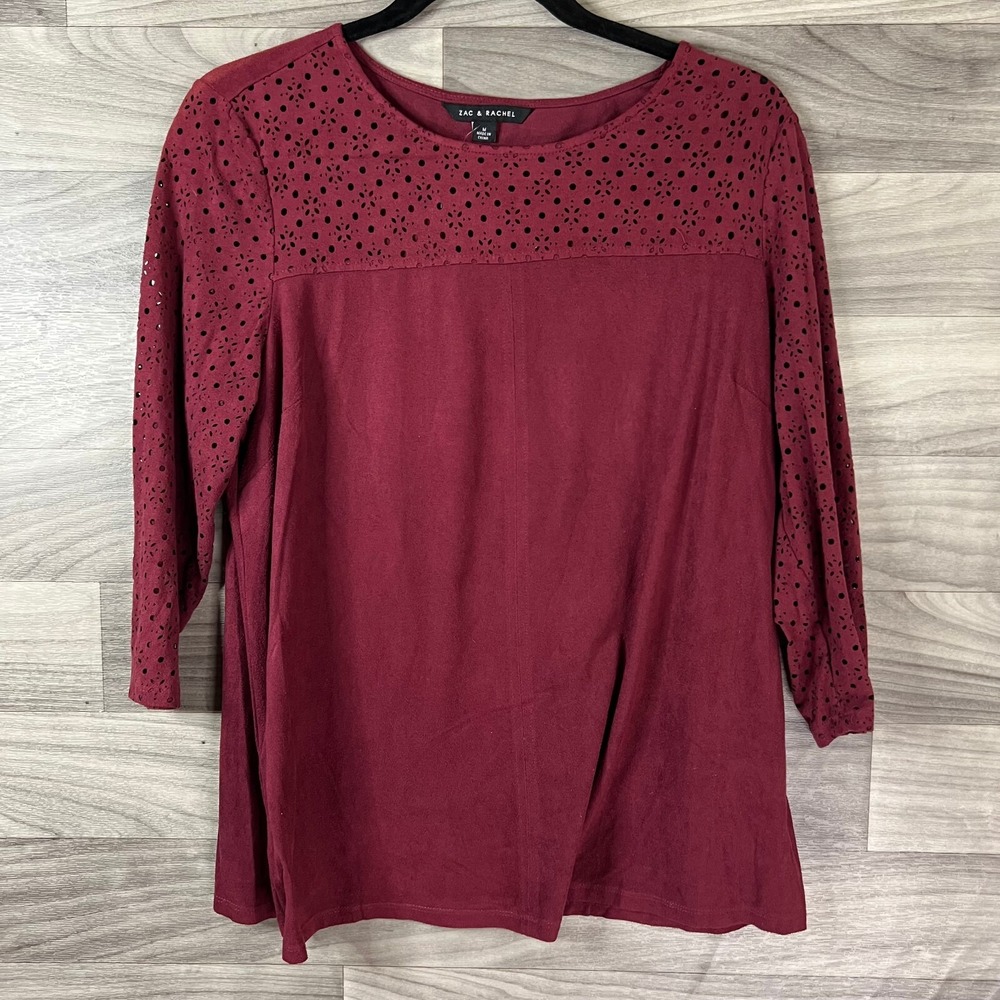 Zac & Rachel Blouse Womens M Red Eyelets 3/4 Sleeve Pullover Stretch Faux‎ Suede